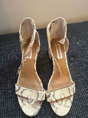 Steve Madden Beige Snake-Print Ankle Strap Heels